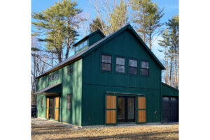 Geobarns; VT; Recreation Barn; Green Siding; Rolling Barn Doors; Cupola