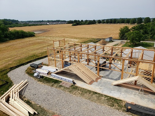 Geobarns framing system showing roof trusses ready to install