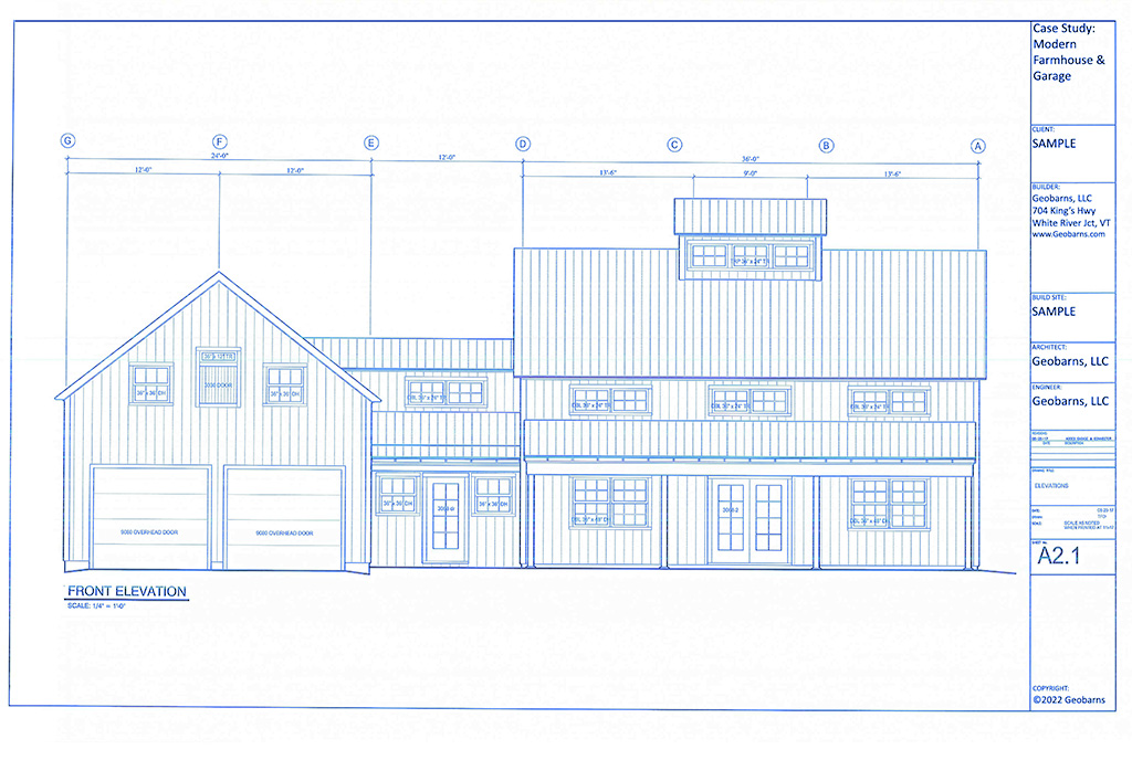 CAD designed front elevation of a Geobarns home with connected garage