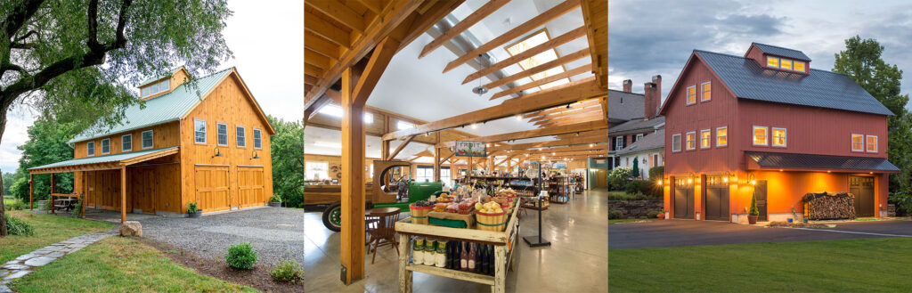 A picture of three Geobarns in a row: the exterior of Virginia Homestead barn, the interior of Waterfresh Market, and the exterior of Historic Carriage House addition, all designed and built by Geobarns.