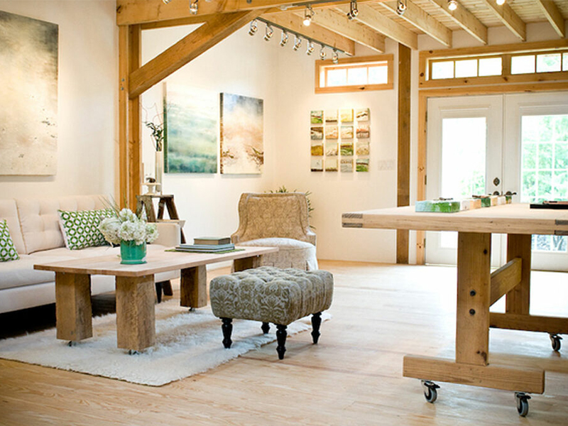 An interior picture of the art studio of Robin Luciano Beaty, designed and built by Geobarns, showing the artist's workspace.