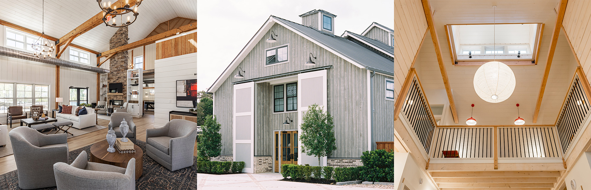 A picture of three Geobarns in a row: The Farmhouse at Chickahominy Falls interior, the exterior  of Arrowhead Hill Weddinng and Events Venue, and the interior of Shenandoah Modern Farmhouse showing the mezzanine and cupola far above.