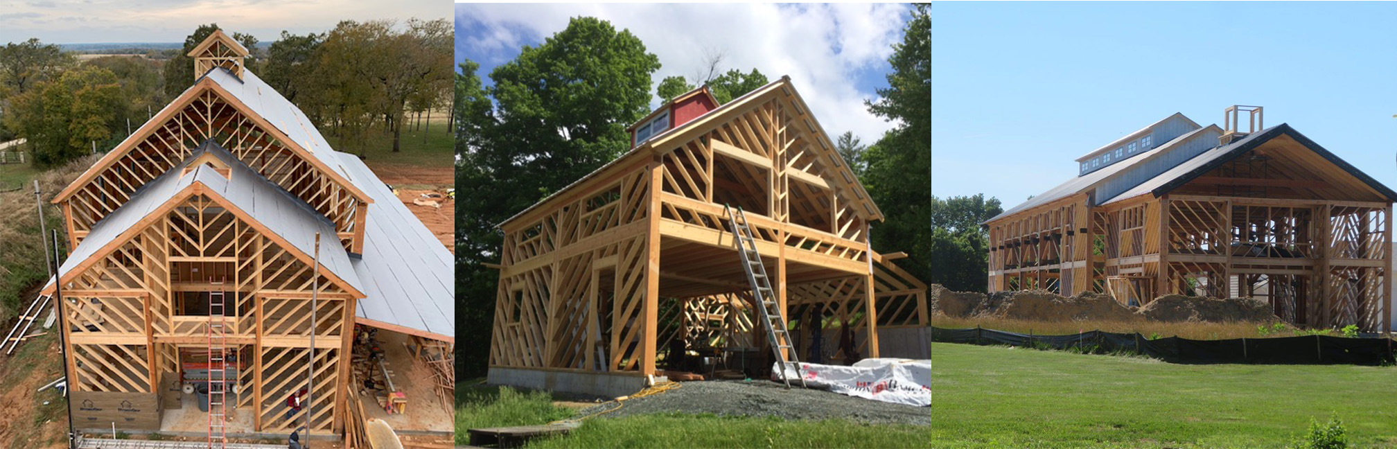 Three Geobarns under construction showing our proprietary diagonal framing system