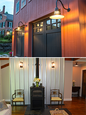 Two pictures of artisan details in Geobarns Forever Homes. One picture shows gooseneck lights outside a garage. One picture shows metal roof panels used as a firebreak for a wood stove in a living room. Both designed and built by Geobarns.