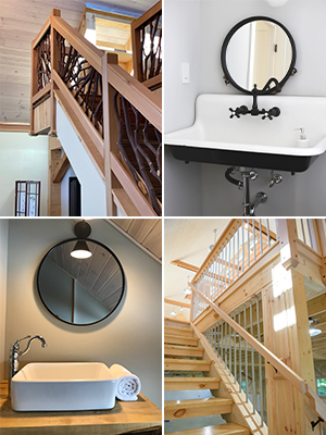 Four pictures of artisan details designed and built by Geobarns. A staircase uses tree limbs as balustrades. Another staircase uses electrical conduit as balustrades. A farmhouse sink is repurposed as a bathroom vanity. Another bathroom features a square, white basin on a hand-built vanity.