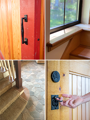Four pictures of artisan details in doors and staircases, designed and built by Geobarns. 
