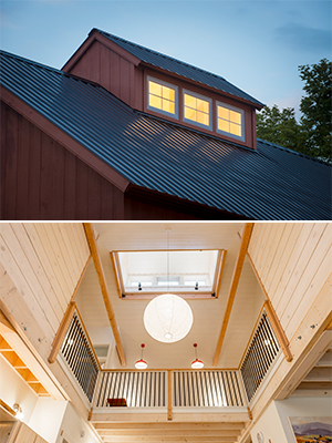 Two pictures of Geobarns: An exterior picture of the monitor cupola of the Historic Carriage House addition, designed and built by Geobarns, featuring slate gray metal roof and barn red wood stained siding, and an interior picture of the mezzanine and cupola of the Shenandoah Modern Farmhouse, both designed and built by Geobarns.