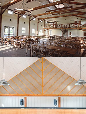 Two pictures of exposed framing in the interior of event venues designed and built by Geobarns.