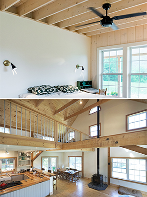 Two pictures of exposed framing in Geobarns Forever Homes. The top picture shows exposed ceiling joists in a minimalist bedroom. The second picture shows exposed framing in a vaulted living room., designed and built by Geobarns.