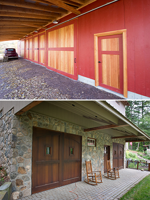 Two pictures of hand-built doors by Geobarns: the top picture shows natural wood doors framed in barn red. The bottom picture shows antique-styled swing doors stained dark brown with custom windows.