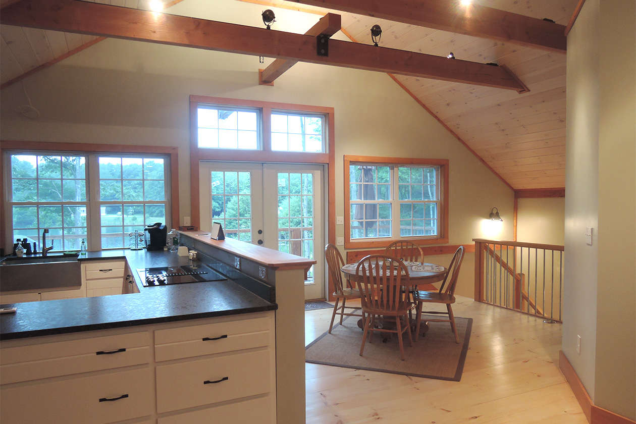 maine, barn, interior, kitchen, french doors, porch, dining, timber