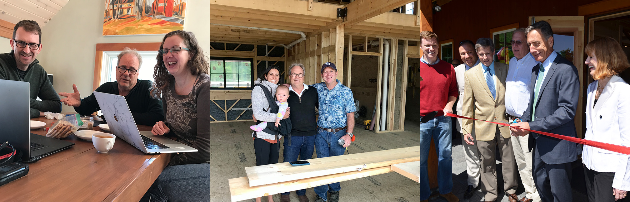 Three Geobarns pictures in a row: George Abetti of Geobarns designing with clients, George Abetti meeting with clients during construction, and the ribbon-cutting ceremony at The SILO Distillery.