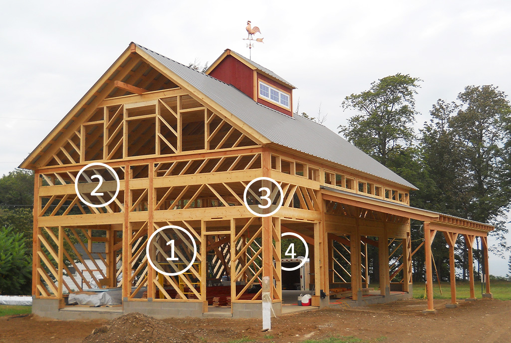A diagram of the Geobarns framing system, showing our modified post-and-beam structure, diagonal framing, Douglas fir posts, metal roof, and cupola.